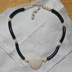 Avon Vintage Cream Lucite Black Plastic Beaded Heart Choker Necklace Adjustable